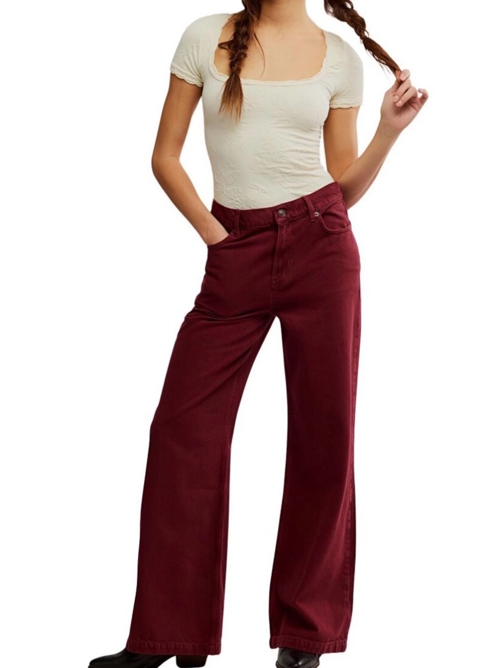 We The Free- Free People Wide-Leg Stride Jeans in Wine Burgundy 26